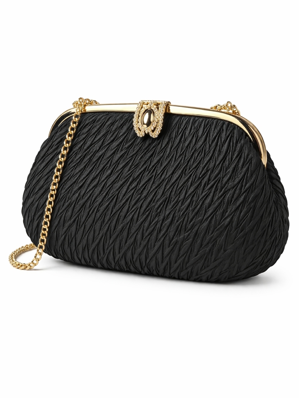 Black Textured Frame Clutch with Gold Chain